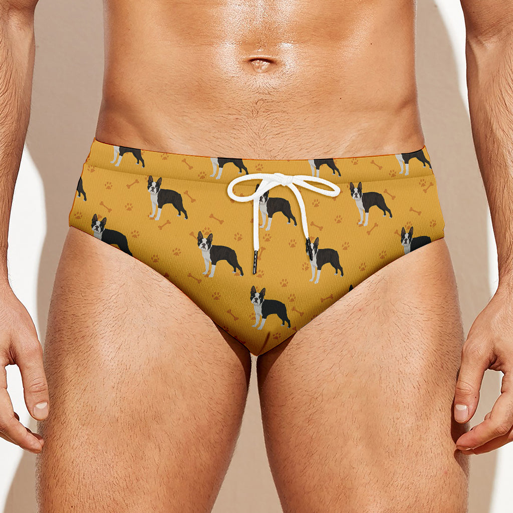 Yellow Boston Terrier Pattern Print Men's Swim Briefs