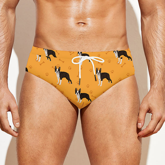 Yellow Boston Terrier Pattern Print Men's Swim Briefs