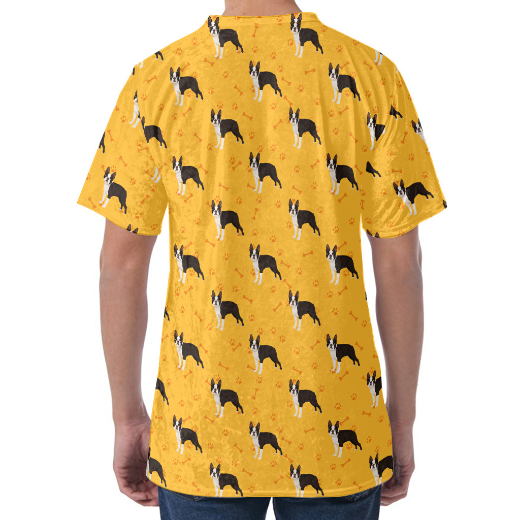 Yellow Boston Terrier Pattern Print Men's Velvet T-Shirt