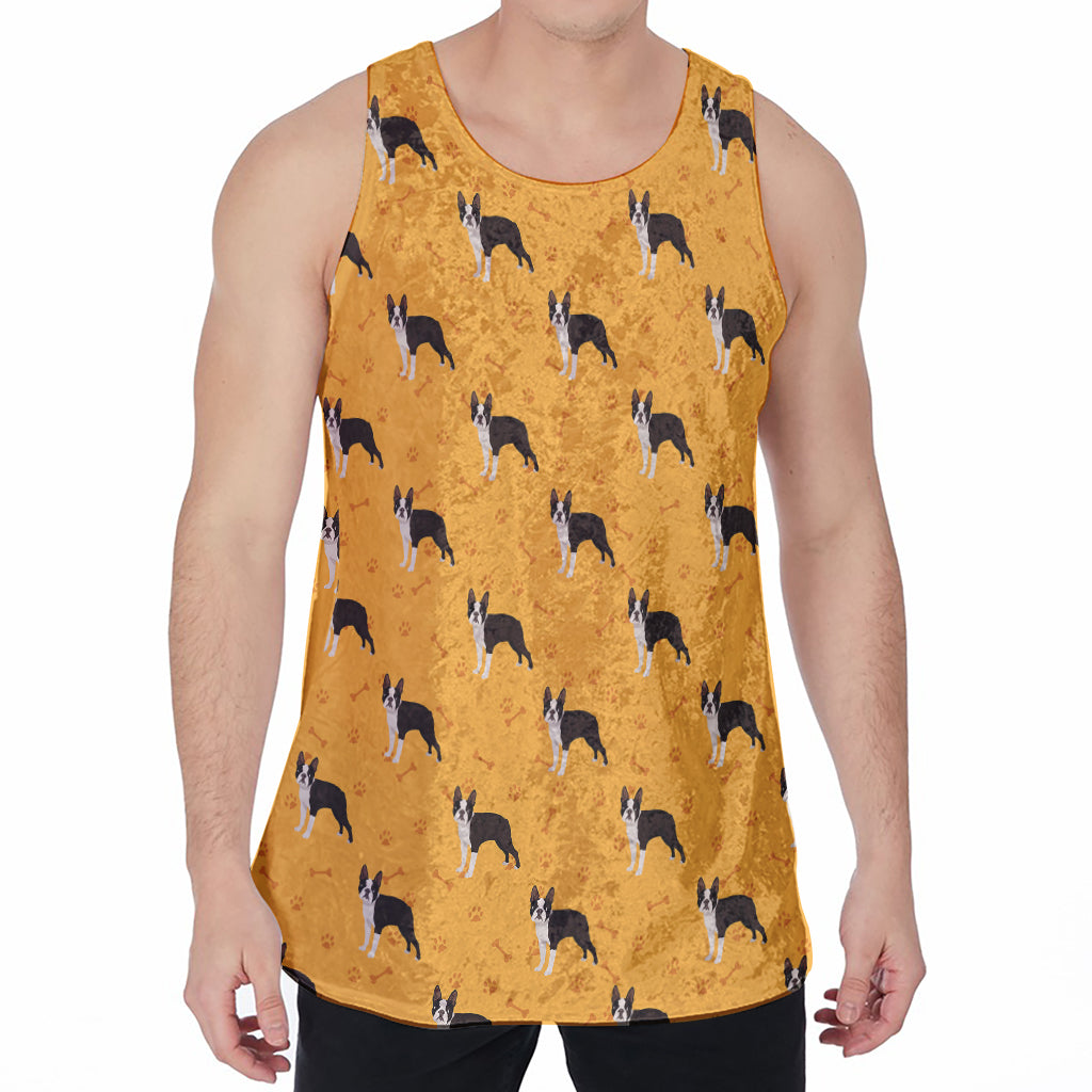 Yellow Boston Terrier Pattern Print Men's Velvet Tank Top