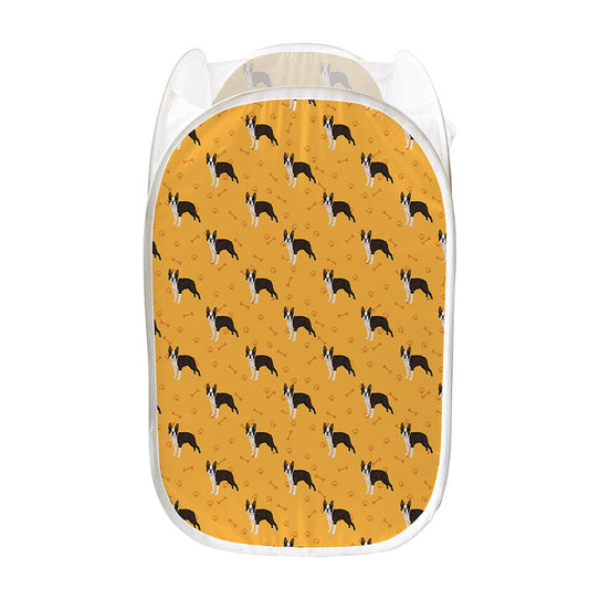 Yellow Boston Terrier Pattern Print Mesh Laundry Hamper
