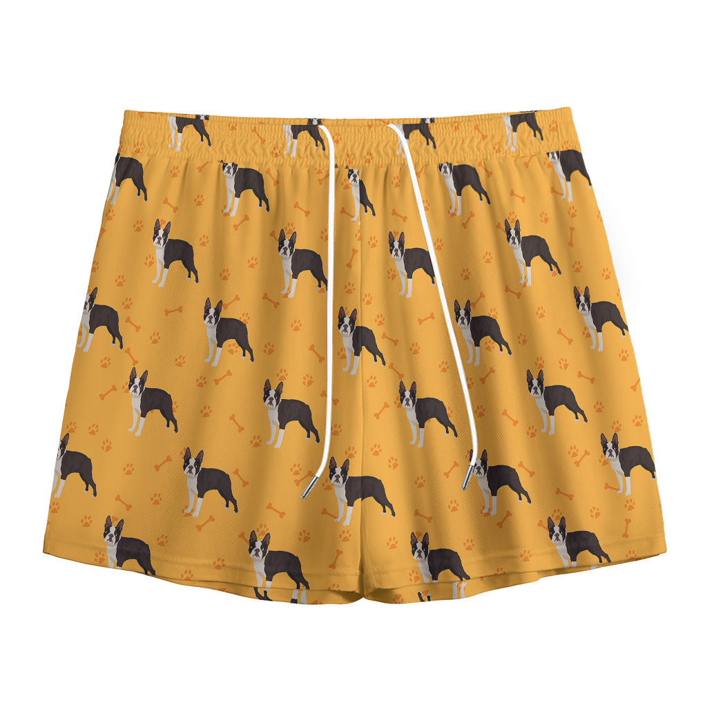 Yellow Boston Terrier Pattern Print Mesh Shorts