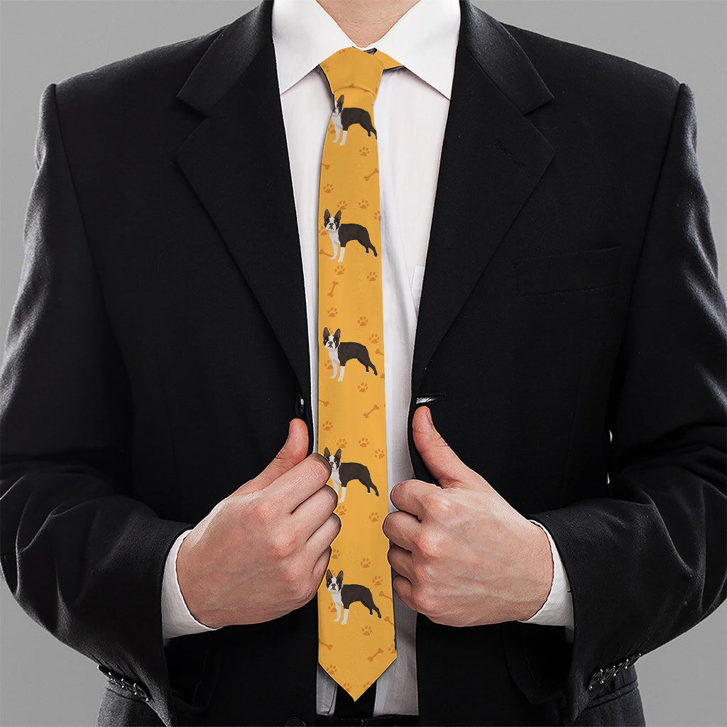 Yellow Boston Terrier Pattern Print Necktie