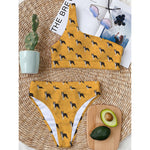 Yellow Boston Terrier Pattern Print One Shoulder Bikini Top