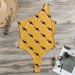 Yellow Boston Terrier Pattern Print One Shoulder Bodysuit