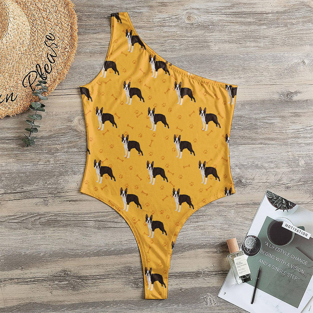 Yellow Boston Terrier Pattern Print One Shoulder Bodysuit