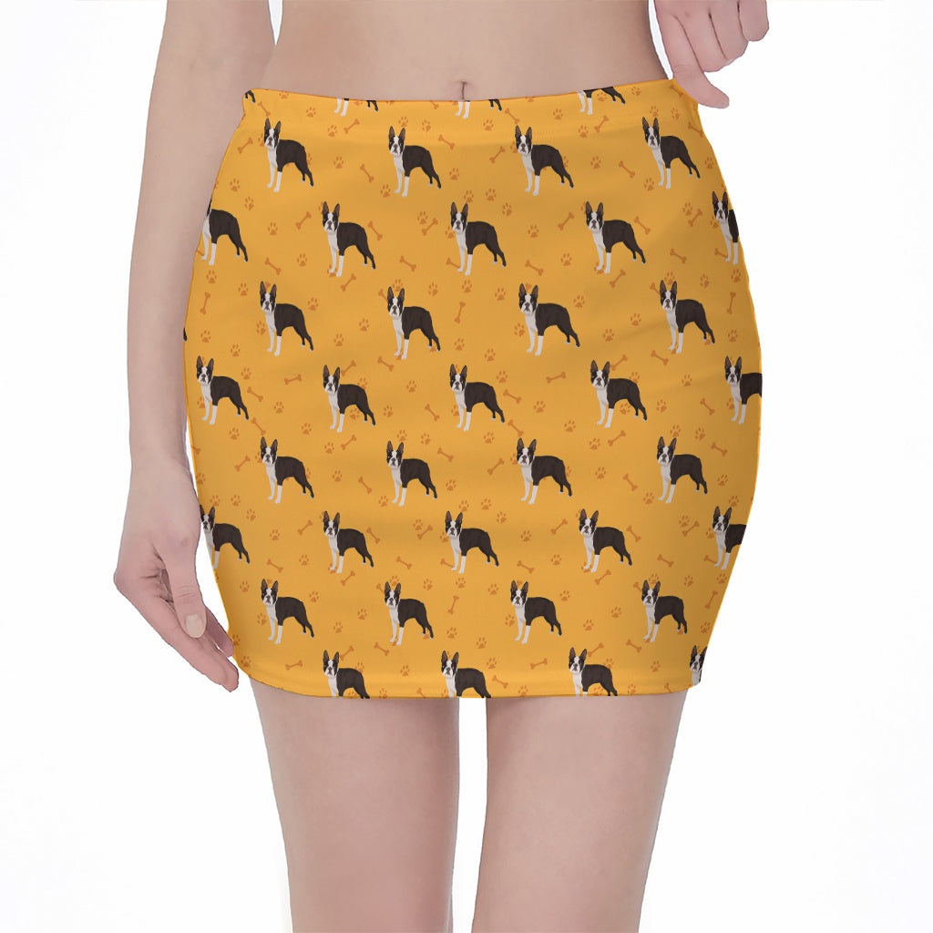 Yellow Boston Terrier Pattern Print Pencil Mini Skirt