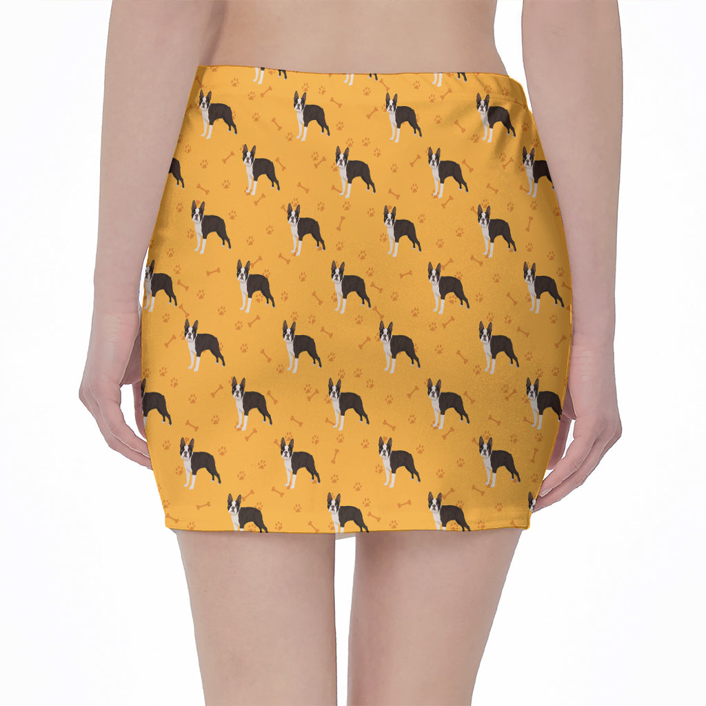 Yellow Boston Terrier Pattern Print Pencil Mini Skirt