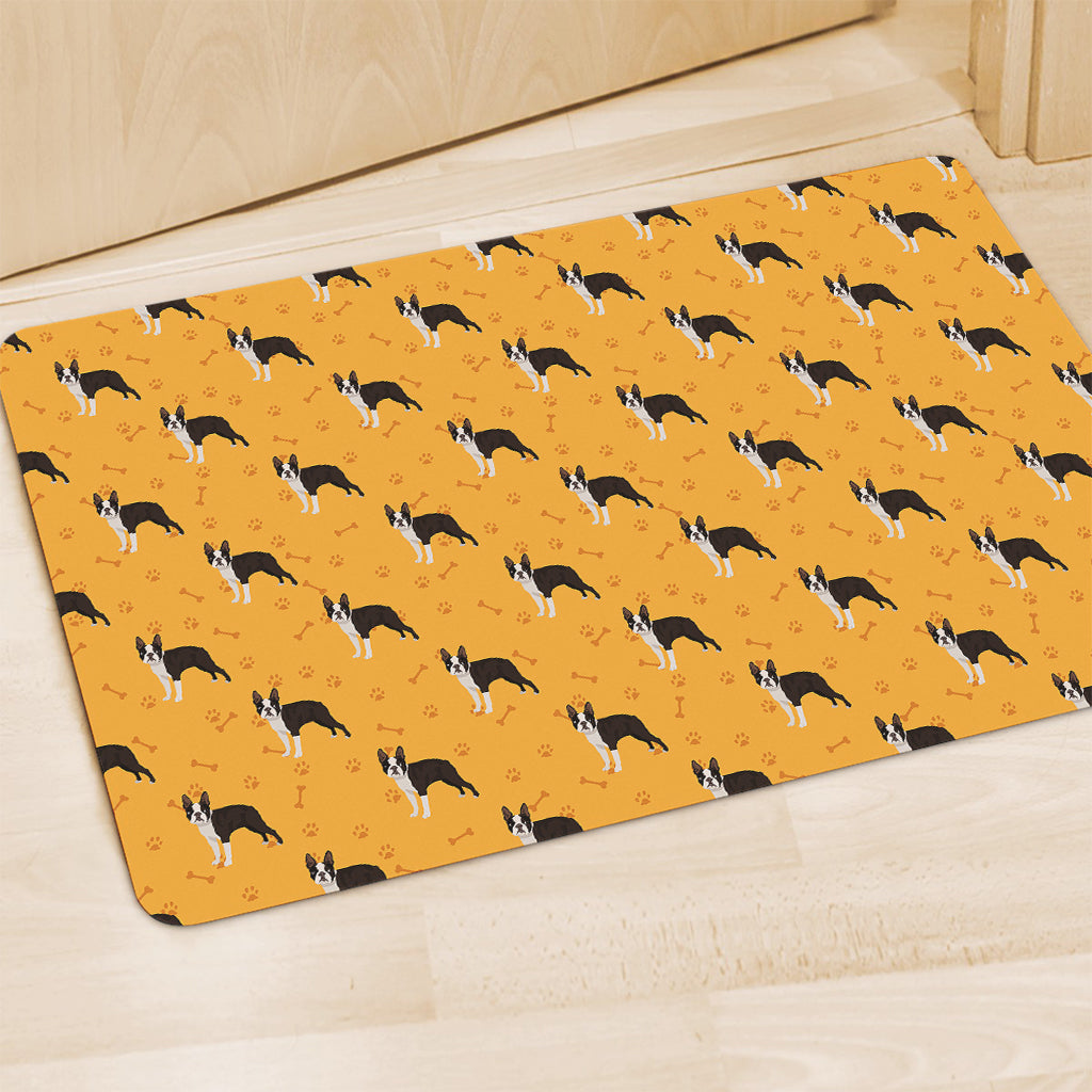 Yellow Boston Terrier Pattern Print Polyester Doormat