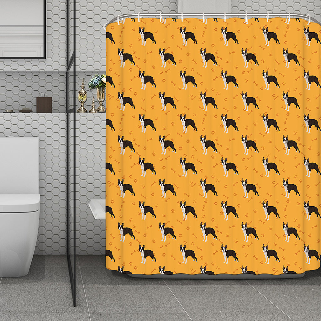 Yellow Boston Terrier Pattern Print Polyester Shower Curtain