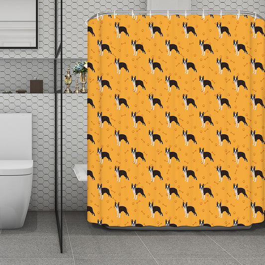 Yellow Boston Terrier Pattern Print Polyester Shower Curtain