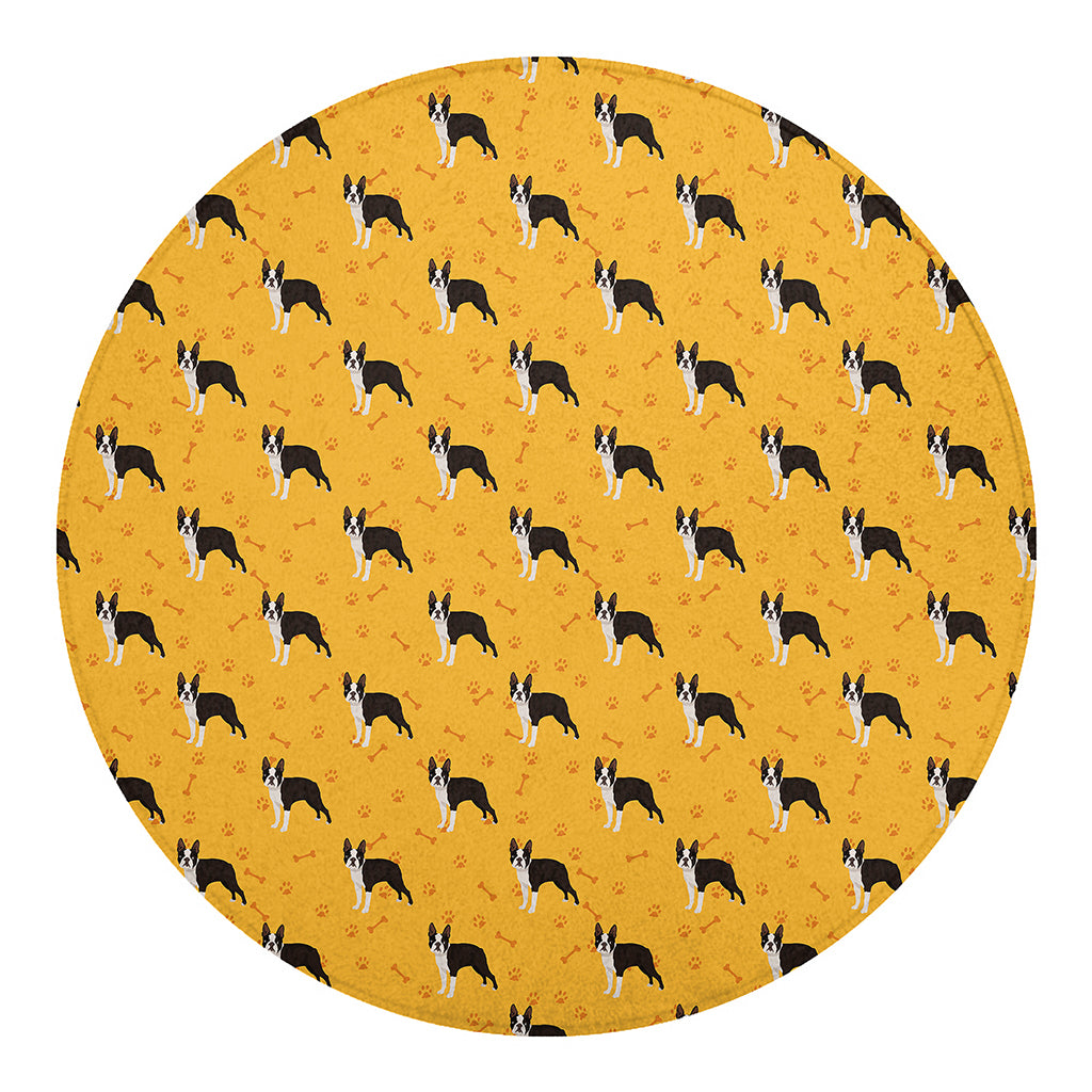 Yellow Boston Terrier Pattern Print Round Blanket