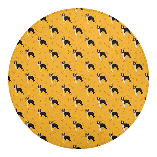 Yellow Boston Terrier Pattern Print Round Blanket