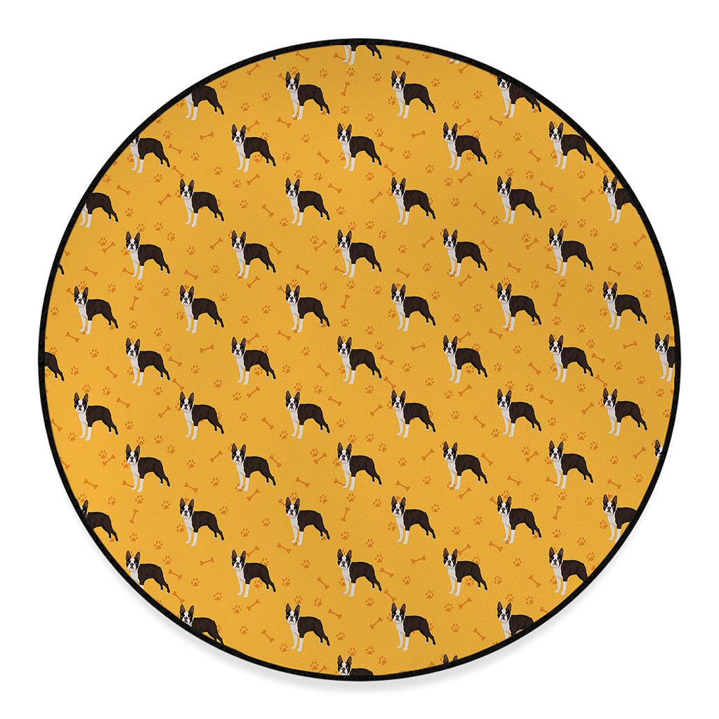 Yellow Boston Terrier Pattern Print Round Floor Mat