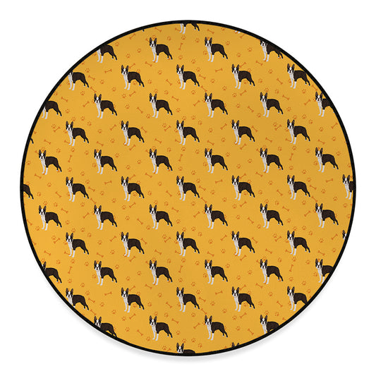 Yellow Boston Terrier Pattern Print Round Floor Mat