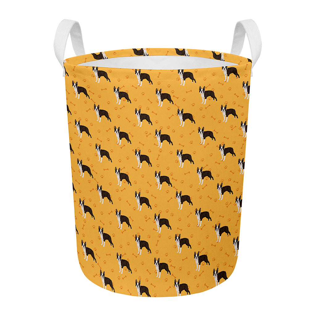 Yellow Boston Terrier Pattern Print Round Laundry Basket