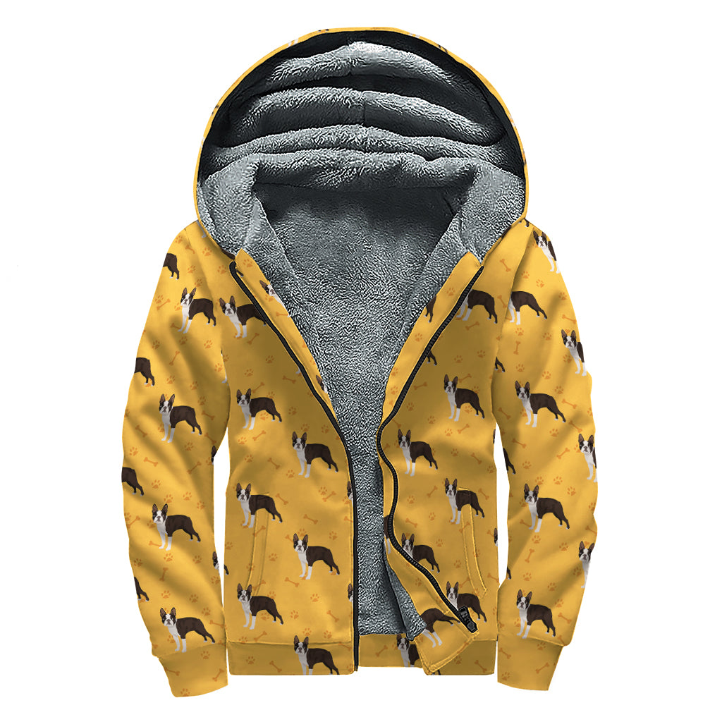 Yellow Boston Terrier Pattern Print Sherpa Lined Zip Up Hoodie