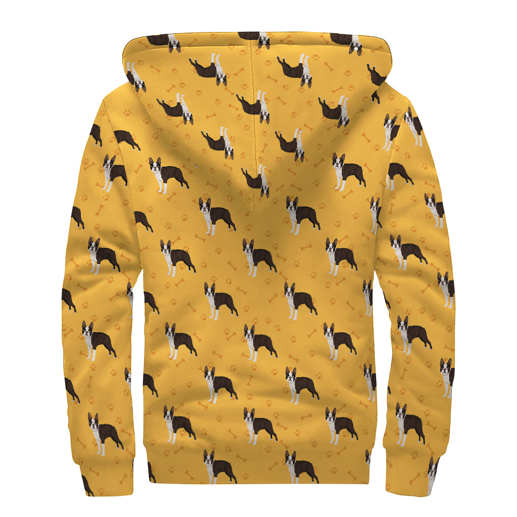 Yellow Boston Terrier Pattern Print Sherpa Lined Zip Up Hoodie