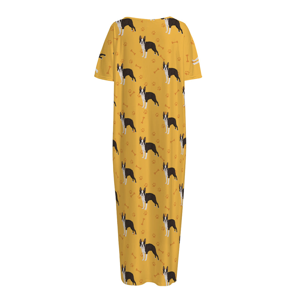 Yellow Boston Terrier Pattern Print Short Sleeve Long Nightdress