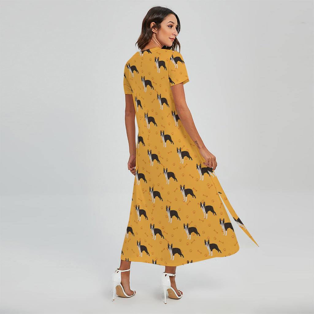 Yellow Boston Terrier Pattern Print Short Sleeve Maxi Dress