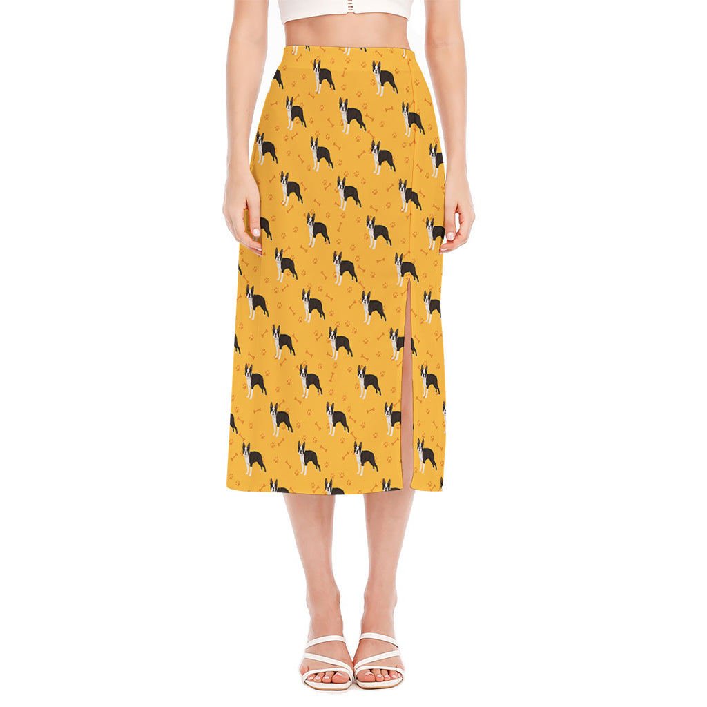 Yellow Boston Terrier Pattern Print Side Slit Midi Skirt