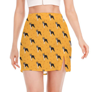 Yellow Boston Terrier Pattern Print Side Slit Mini Skirt