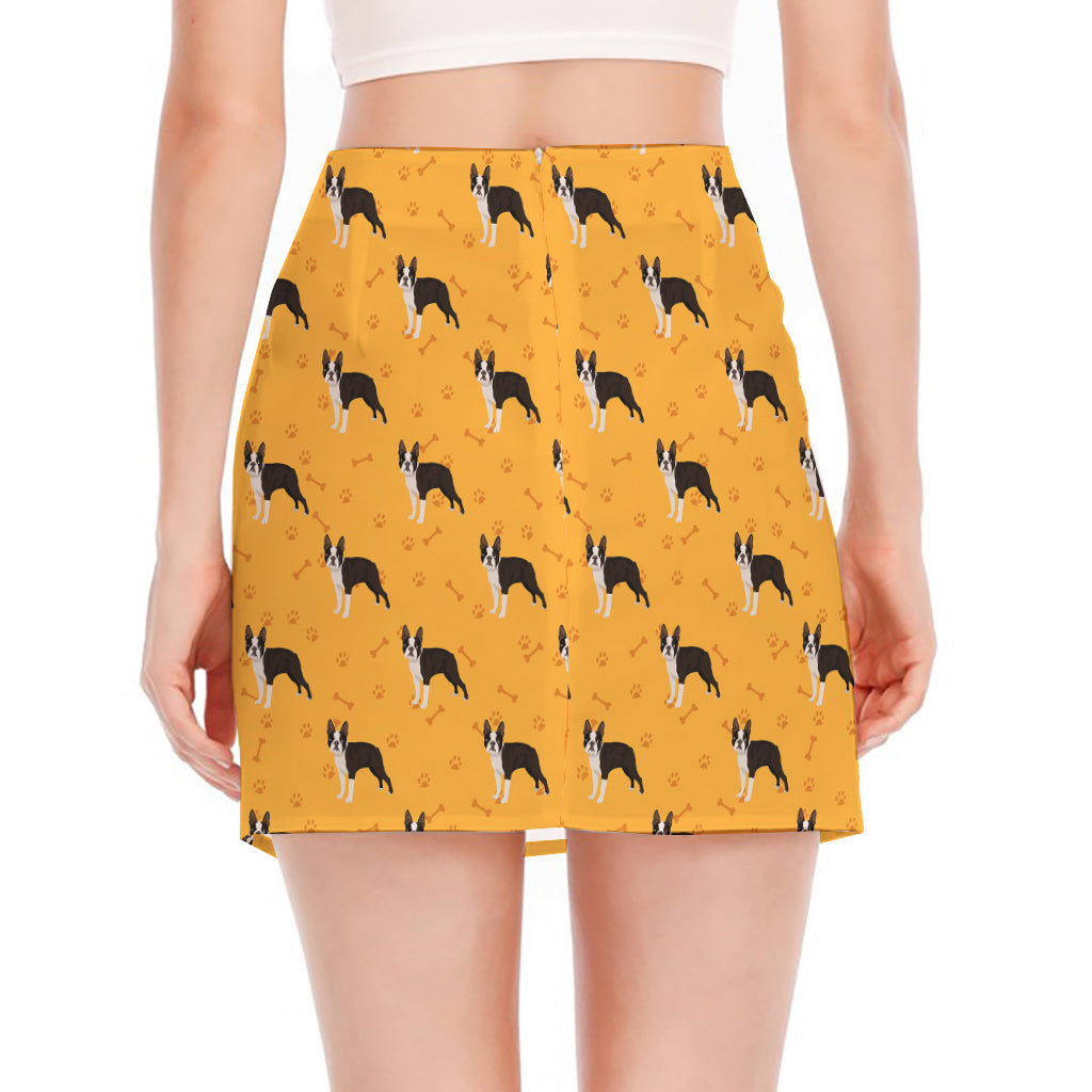 Yellow Boston Terrier Pattern Print Side Slit Mini Skirt