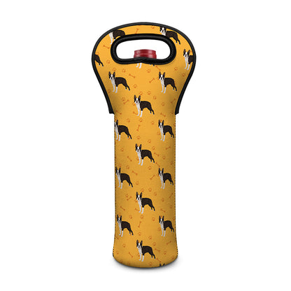 Yellow Boston Terrier Pattern Print Single Neoprene Wine Tote