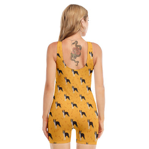 Yellow Boston Terrier Pattern Print Sleeveless One Piece Swimsuit