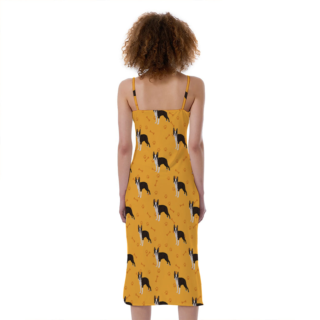 Yellow Boston Terrier Pattern Print Slim Fit Midi Cami Dress