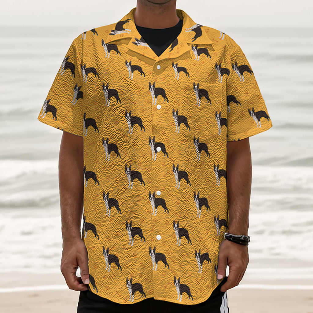 Yellow Boston Terrier Pattern Print Textured Short Sleeve Shirt