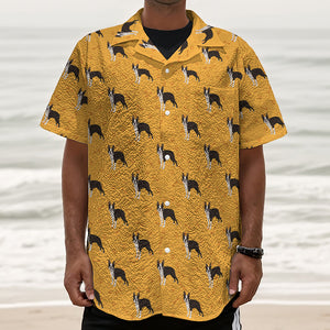 Yellow Boston Terrier Pattern Print Textured Short Sleeve Shirt