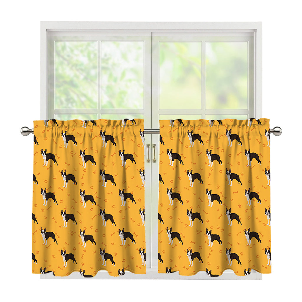 Yellow Boston Terrier Pattern Print Tier Curtains