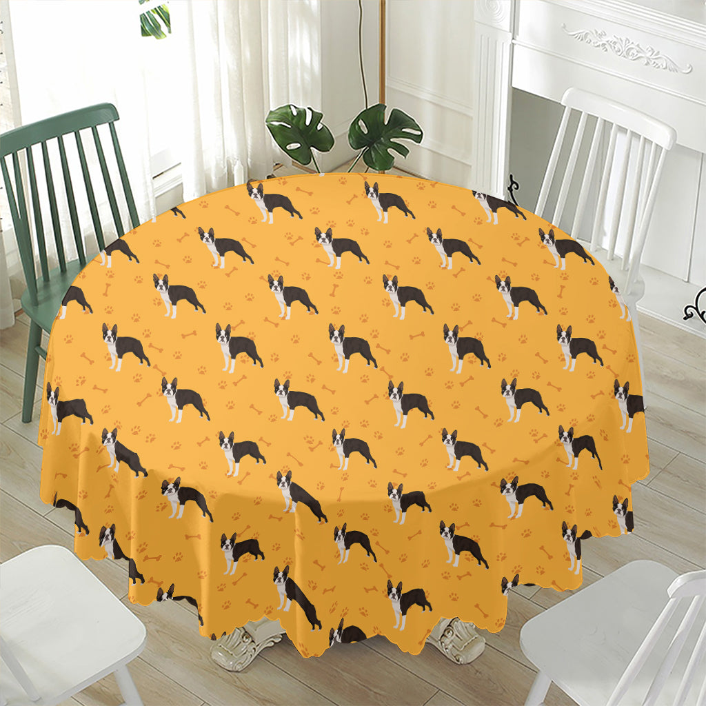 Yellow Boston Terrier Pattern Print Waterproof Round Tablecloth