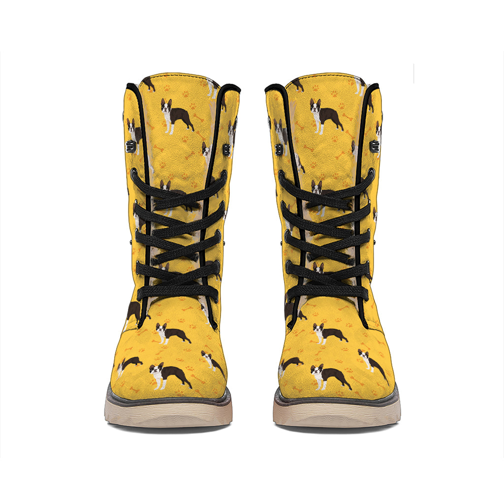 Yellow Boston Terrier Pattern Print Winter Boots