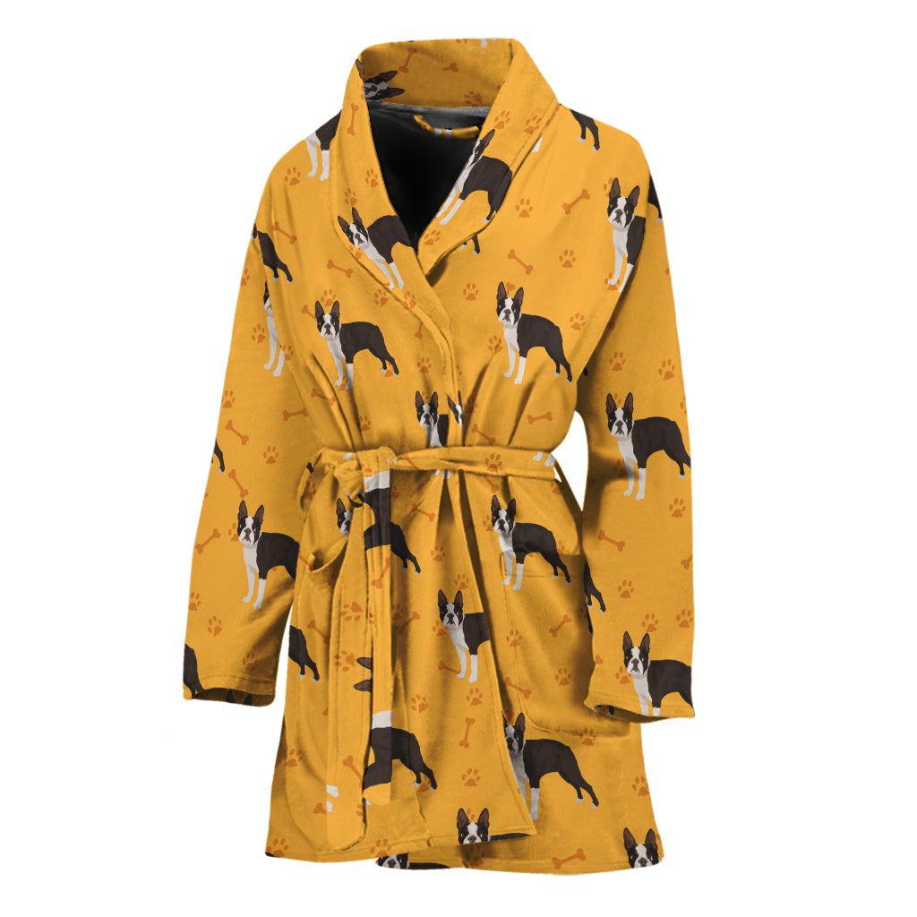 Yellow Boston Terrier Pattern Print Women's Bathrobe