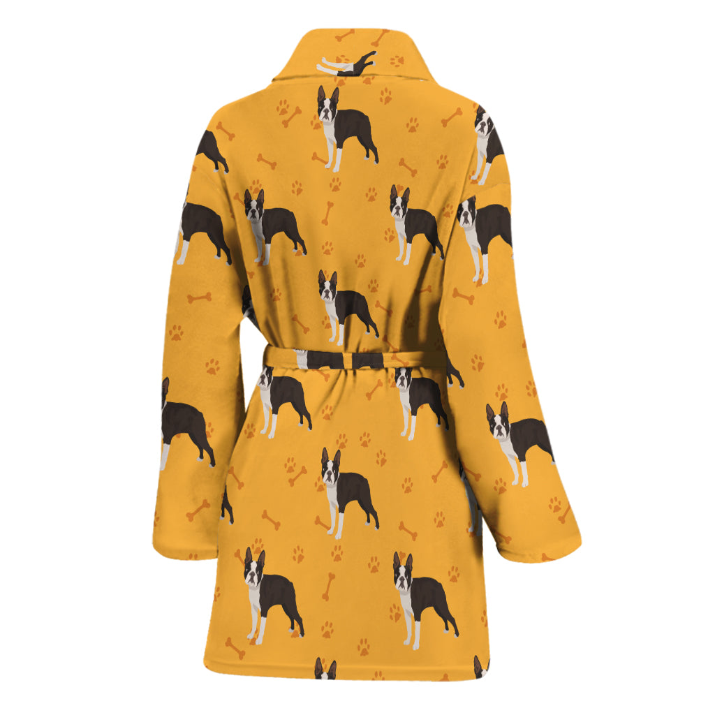 Yellow Boston Terrier Pattern Print Women's Bathrobe