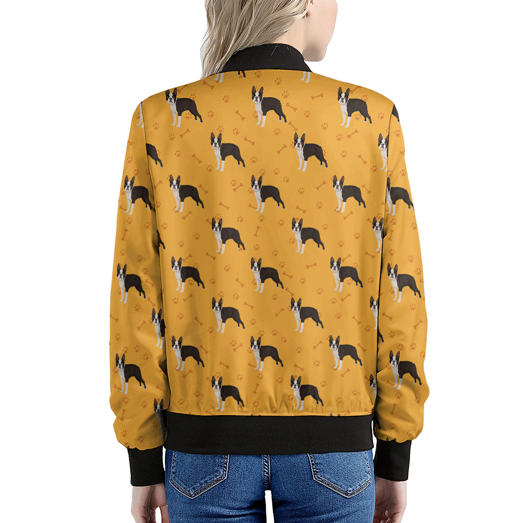 Yellow Boston Terrier Pattern Print Women's Bomber Jacket