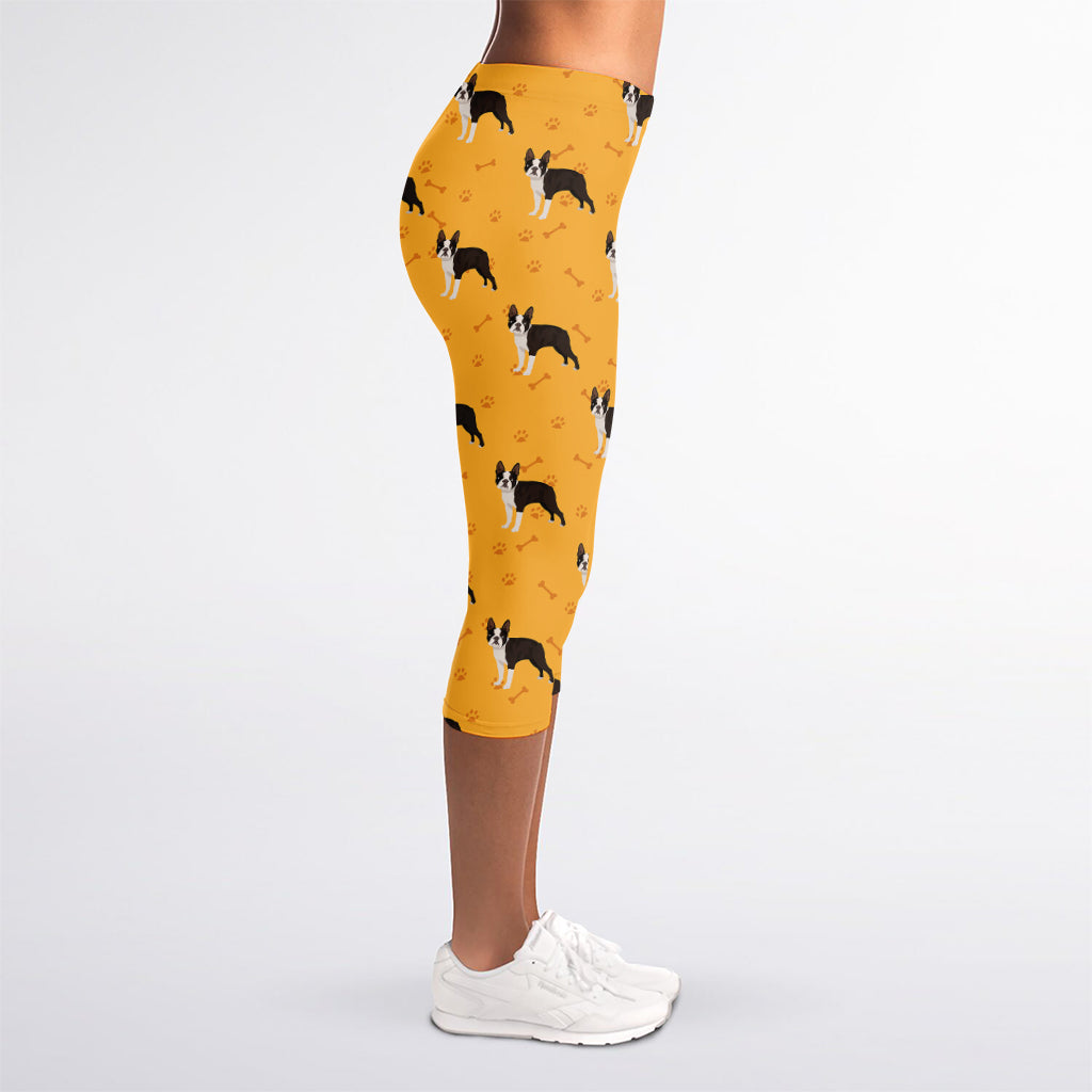 Yellow Boston Terrier Pattern Print Women's Capri Leggings