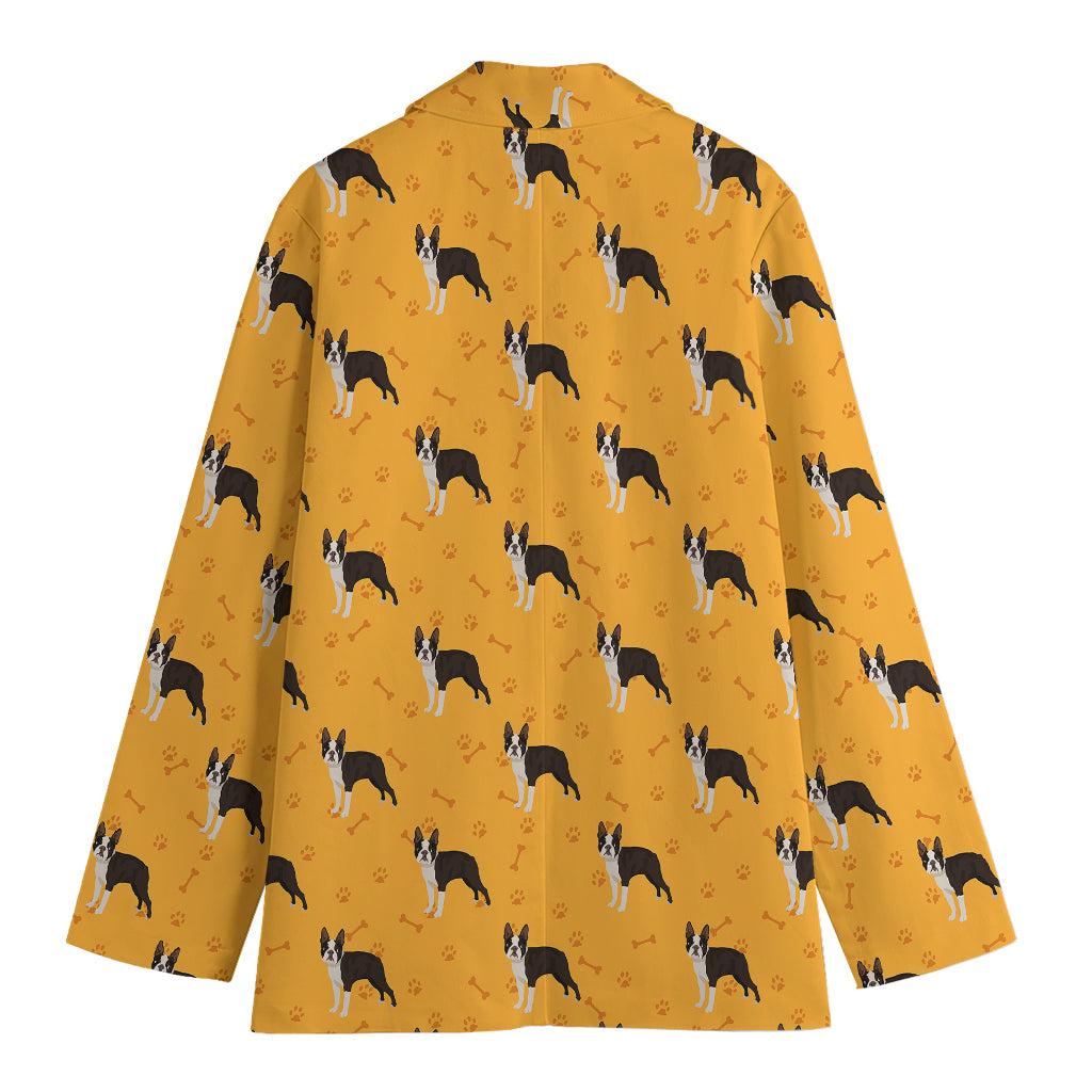 Yellow Boston Terrier Pattern Print Women's Cotton Blazer