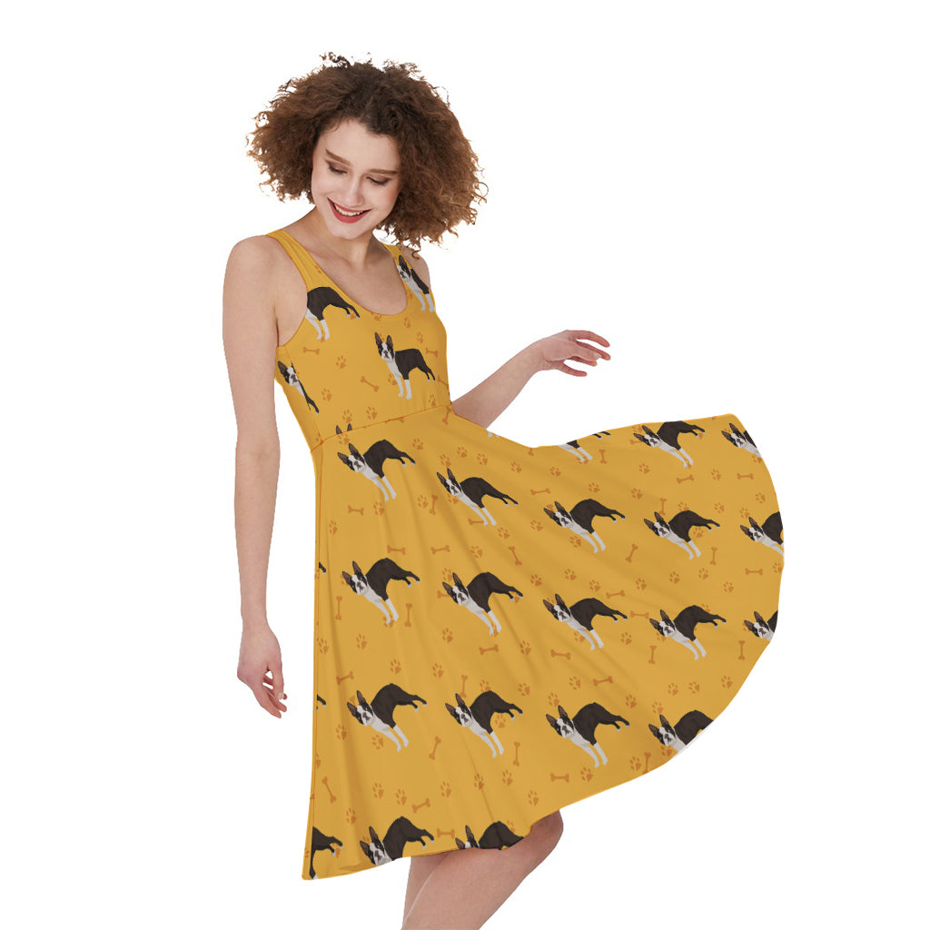 Yellow Boston Terrier Pattern Print Women's Sleeveless Dress