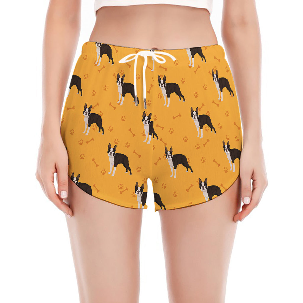 Yellow Boston Terrier Pattern Print Women's Split Running Shorts