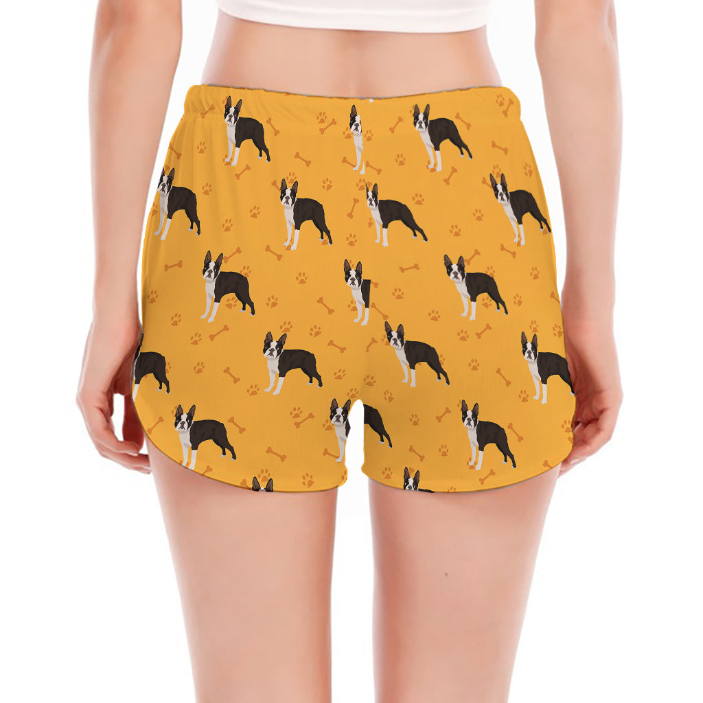 Yellow Boston Terrier Pattern Print Women's Split Running Shorts