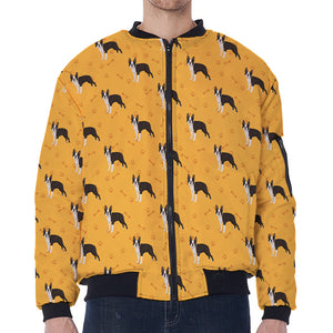 Yellow Boston Terrier Pattern Print Zip Sleeve Bomber Jacket