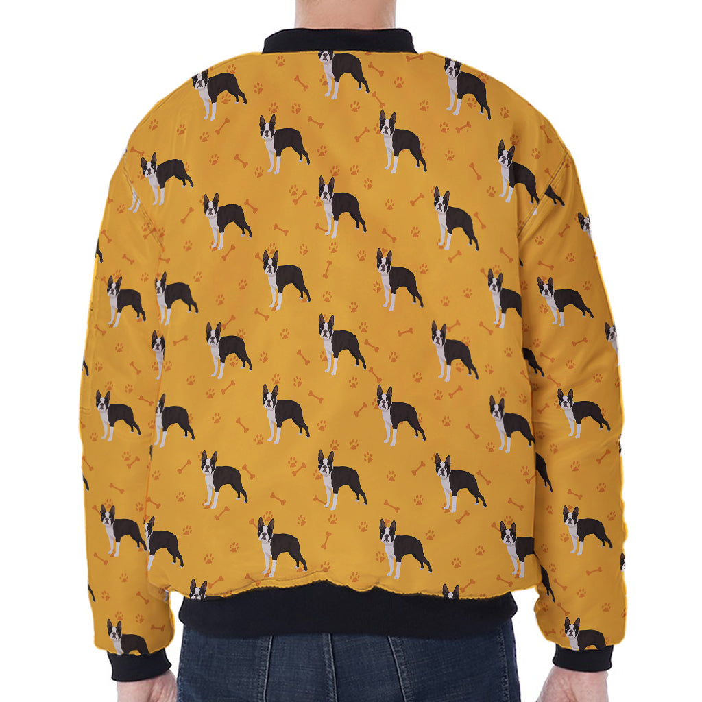 Yellow Boston Terrier Pattern Print Zip Sleeve Bomber Jacket