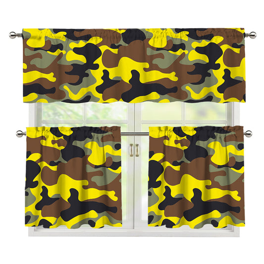 Yellow Brown And Black Camouflage Print 3 Piece Kitchen Curtains