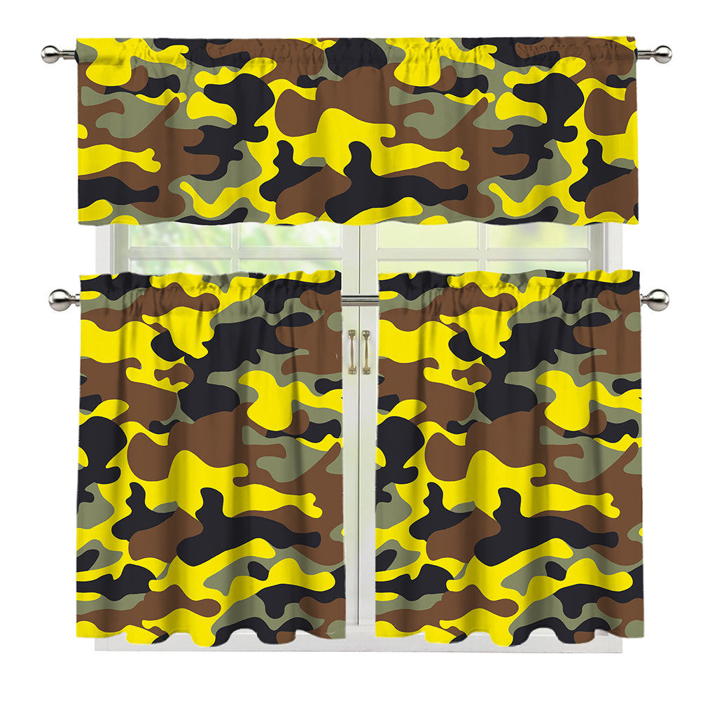 Yellow Brown And Black Camouflage Print 3 Piece Kitchen Curtains