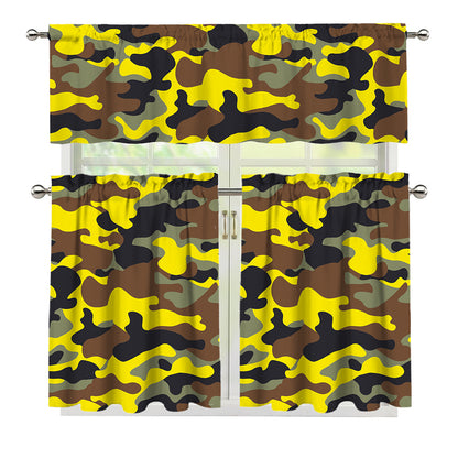Yellow Brown And Black Camouflage Print 3 Piece Kitchen Curtains