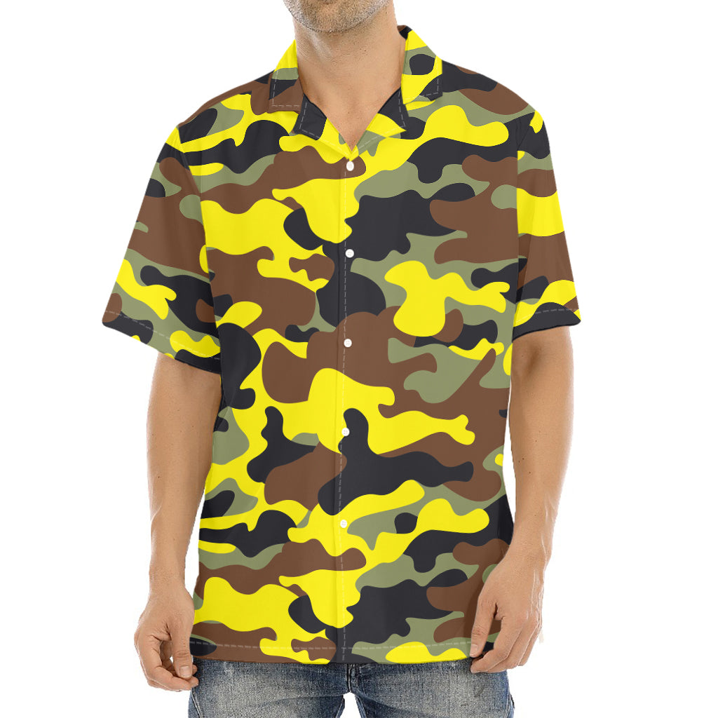 Yellow Brown And Black Camouflage Print Aloha Shirt