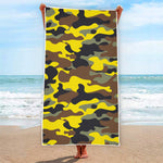 Yellow Brown And Black Camouflage Print Beach Towel